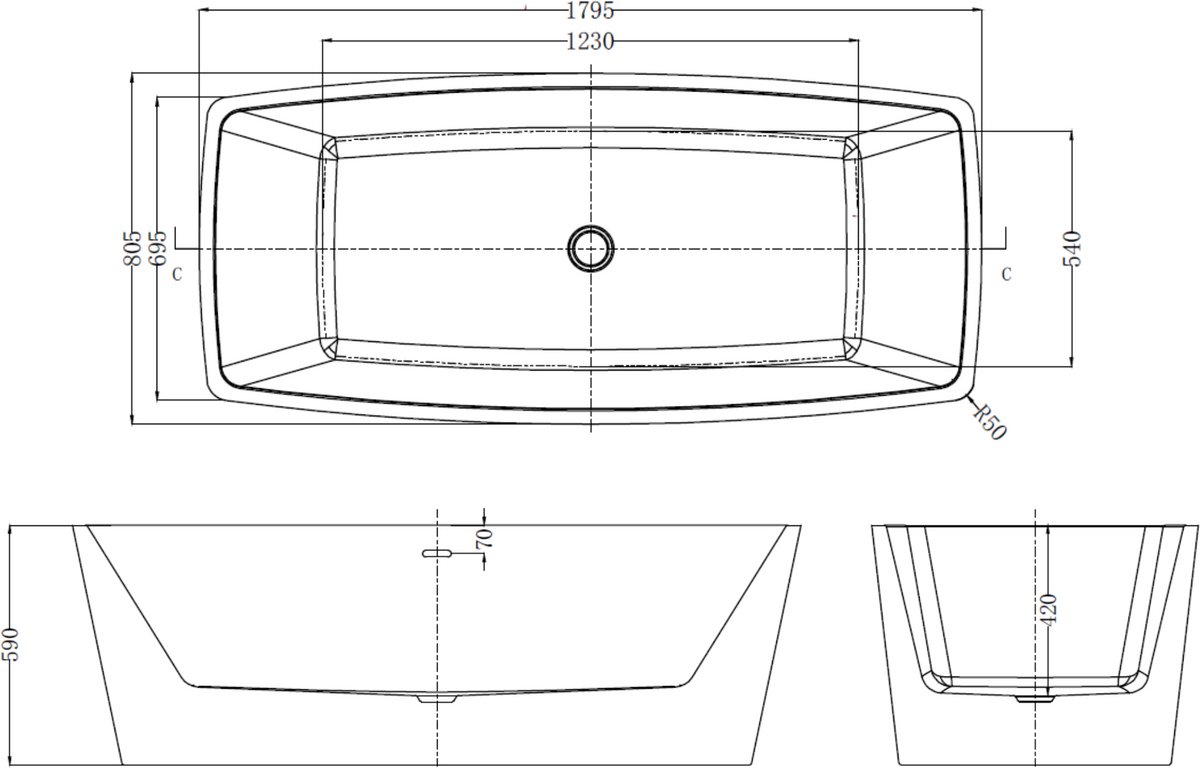 Vrijstaand ligbad Sanitado Industry Quara 180x80cm glanzend wit