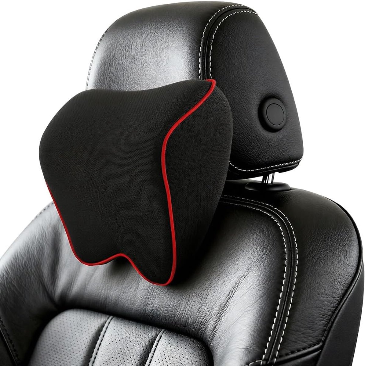Autokussen voor neksteun van traagschuim (zwart met rode bies) – 23×25×11 cm - Verstelbare gesp - Afneembare hoofdsteunhoes met rits - Verlicht nekvermoeidheid - Geschikt voor auto's, thuis en op kantoor