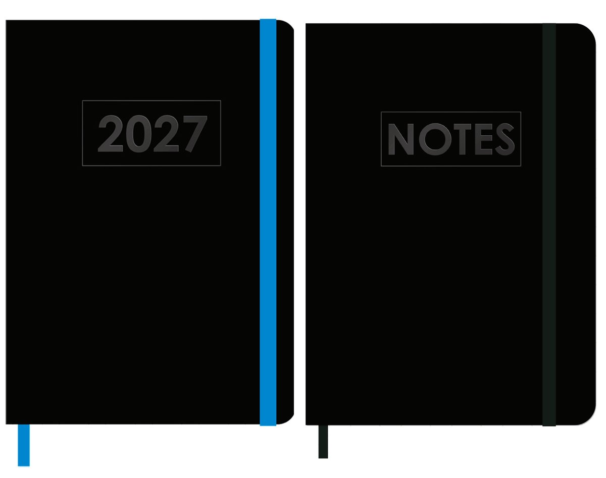 MGPcards - A5 Agenda 2027 - Weekoverzicht 1w/2p - Zwart + Blauw elastiek - 14,8 x 21 cm + Notitieboekje/opschrijfboekje - gelinieerd - 80 pagina's - A5 - Zwart