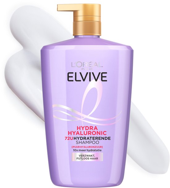 L'Oréal Elvive Hydra Hyaluronic shampoo in paarse fles met gouden pomp. Tekst: '72U Hydraterende Shampoo'.