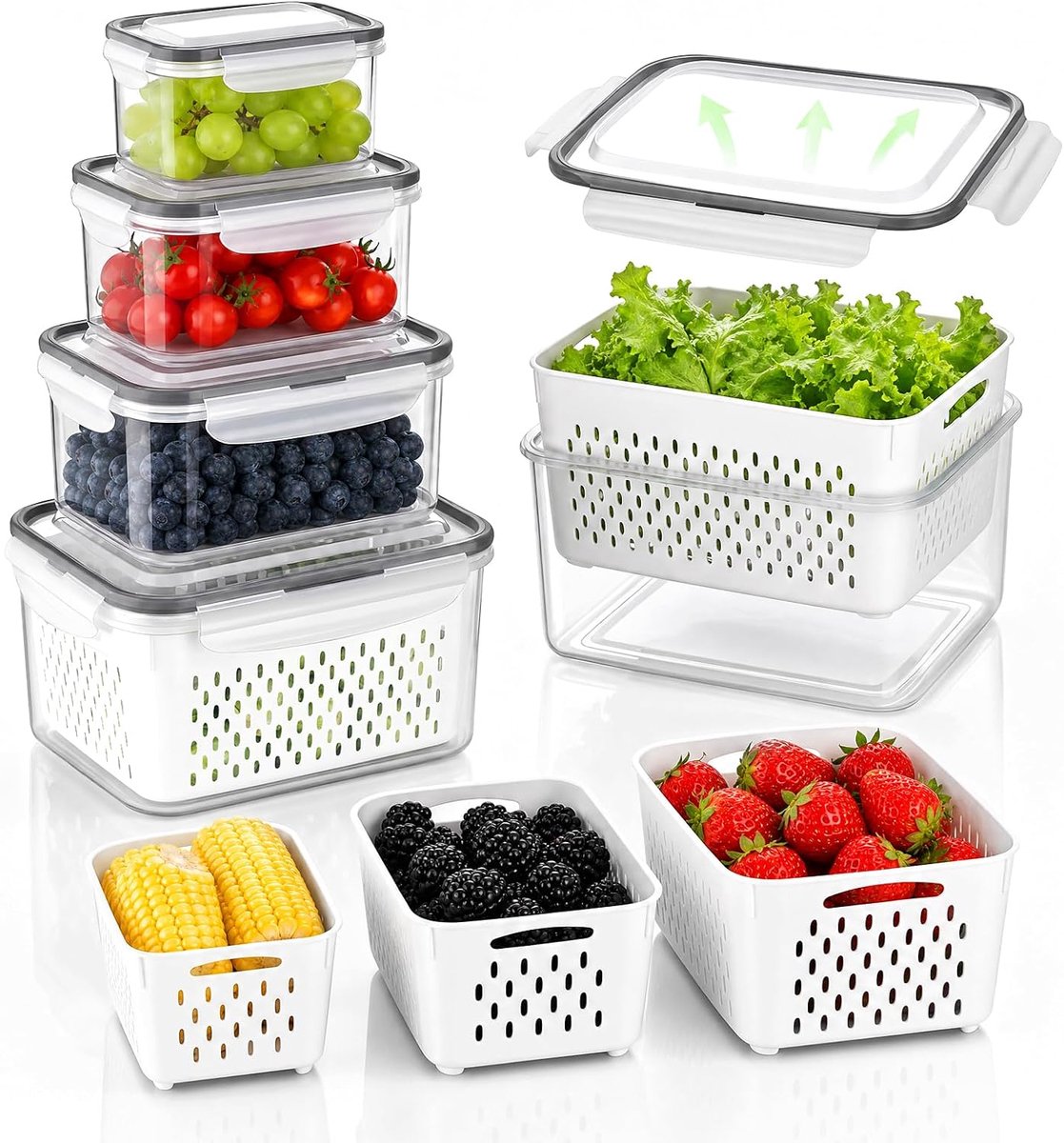 VHV 5 Set Vershoudbakjes - Fruitopslagcontainers voor koelkast - Inclusief afvoermand - Transparant - 380ML 800ML 1700ML 3150ML 4150ML