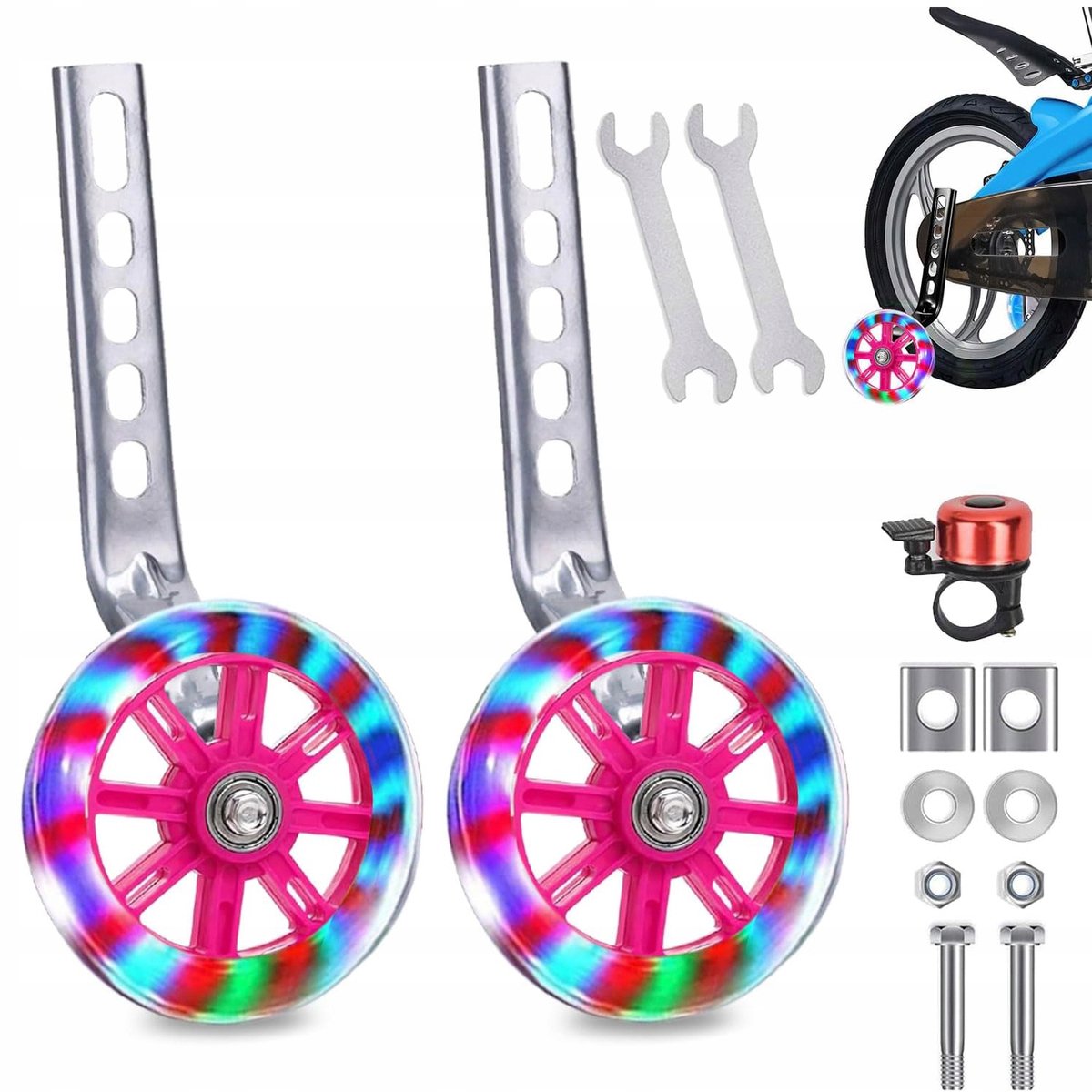 Zijwieltjes voor Kinderfiets - Stevige Zijwielen - Rubberen Antislip Wielen - 2 Stuks - Koolstofstalen Dubbele Lagers - Verstelbaar - LED Verlichting - incl. Montagemateriaal & Bel - Voor 12-20 inch - Kinderfietsaccessoires