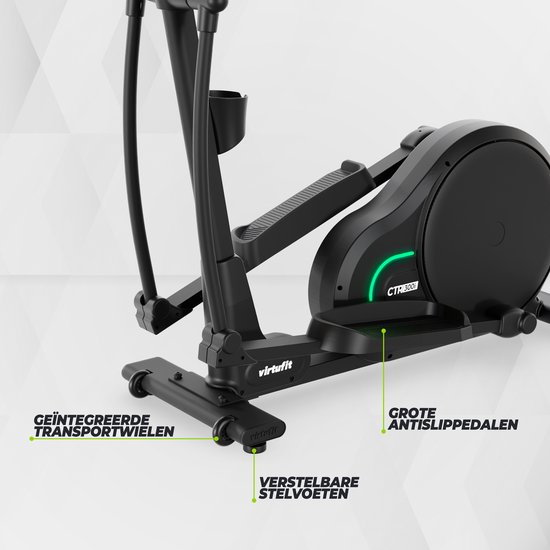 Zwarte crosstrainer met geïntegreerde transportwielen, verstelbare voetsteunen en grote antislip pedalen.