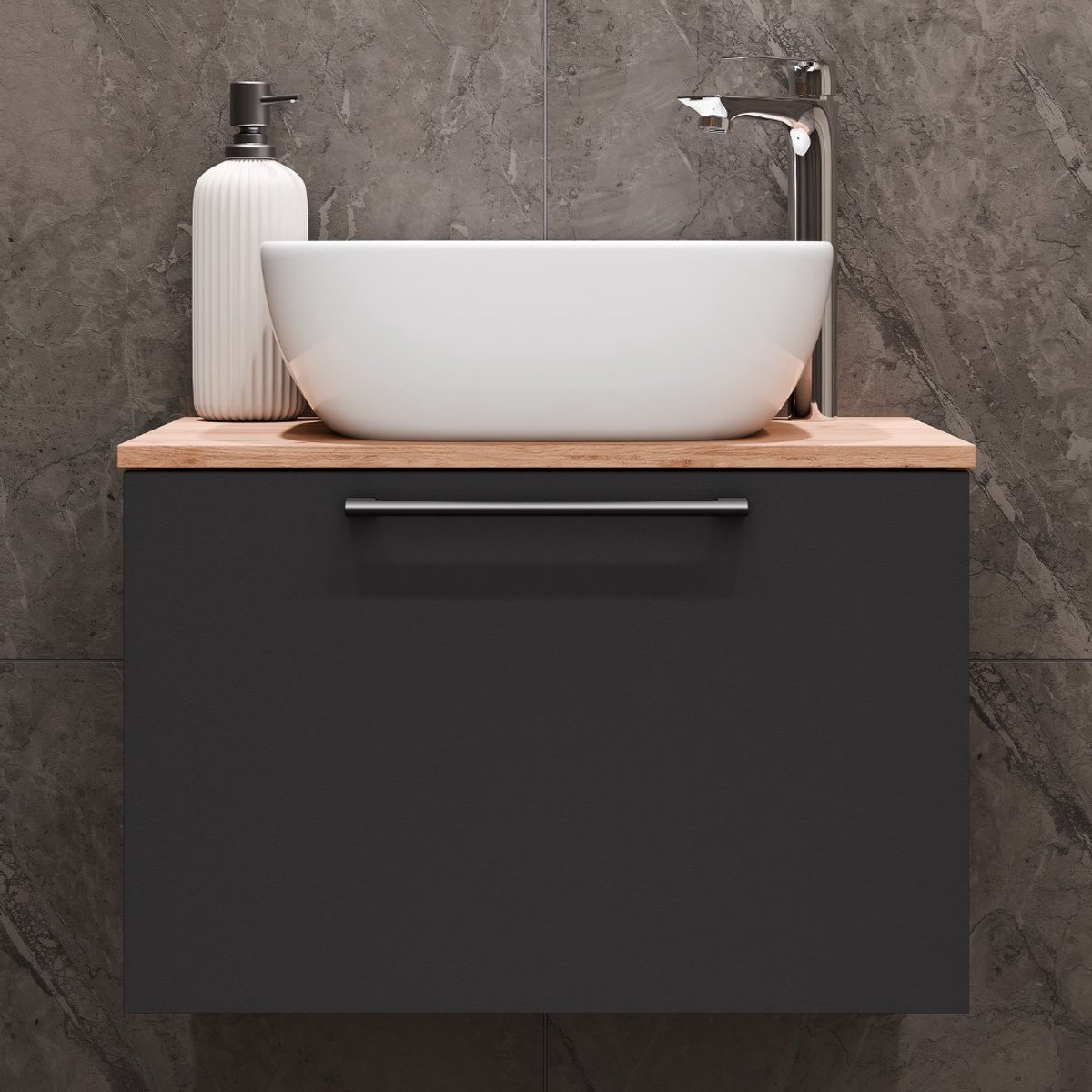Planetmöbel ASTRA Badkamermeubel Set 60 cm – Goud Eiken / Antraciet – Witte Keramische Opzetwastafel – Soft-Close