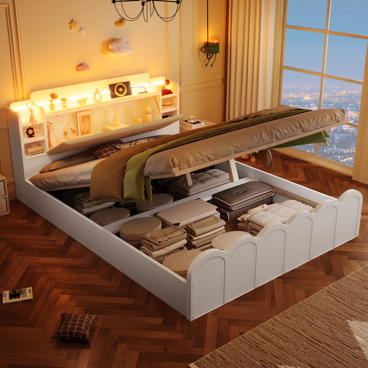 Platformbed 140x200 cm - Met LED-Verlichting - Met Opbergruimte - Met USB-Oplaadpunt - Wit