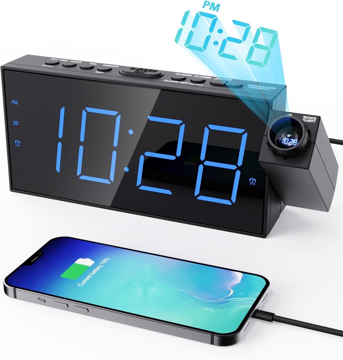 Digitale Projectiewekker - Blauw - 7,5 inch - Met 350° Projectie - Voor Slaapkamers