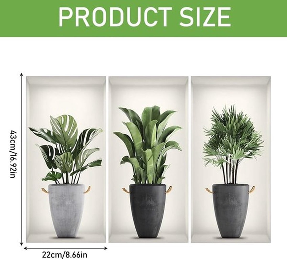 3D Muursticker, planten, 22 x 43 cm, wanddecoratie, plantensticker, zelfklevend, keuken, Trompe L'oeil muurstickers, vazen, effectstickers, voor slaapkamer, muren, woonkamer + decoratie