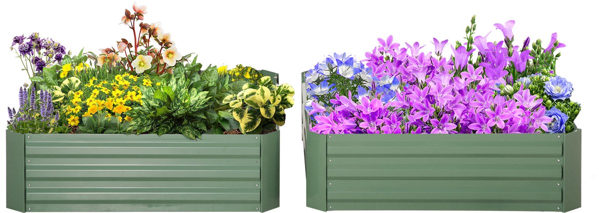 Rechthoekige - lage - verzinkte plantenbak - met open bodem - geschikt voor buitengebruik - groen