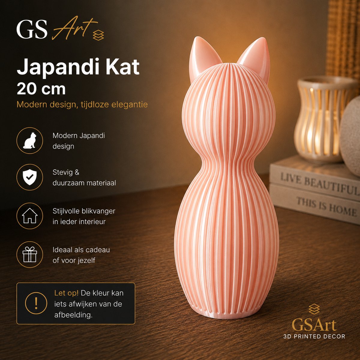 GSArt Japandi Kat 20 cm – Modern 3D Geprint Decoratiebeeld - Zijde Roze