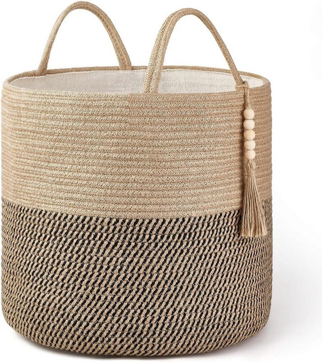 Geweven opbergmand met gele en zwarte strepen, 40,6 cm breed x 35,6 cm hoog.