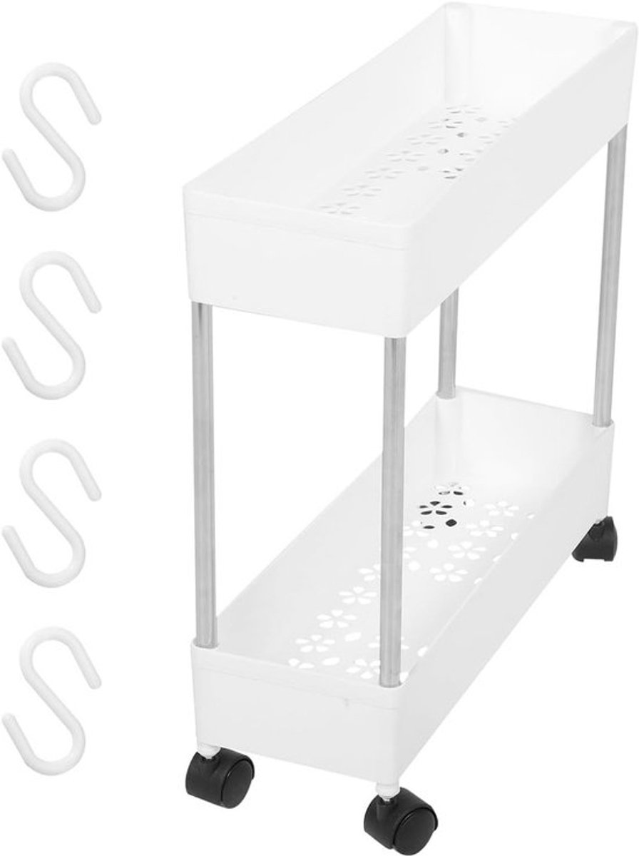 2-laagse Keukenwagen van Plastic met Wielen - Badkamertrolley, Opslagrek voor Groenten en Huishoudelijke Benodigdheden in Wit
