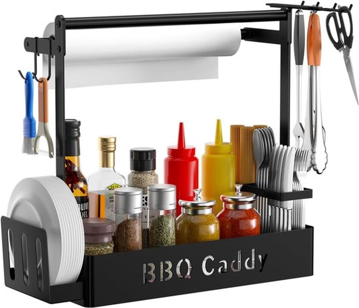 SnelShoppen - Grill Caddy BBQ Caddy met Papieren Handdoekhouder, Bestek Caddy voor Borden, 4 Haken, Perfect voor Buiten Grilling, Kamperen, Barbecue A