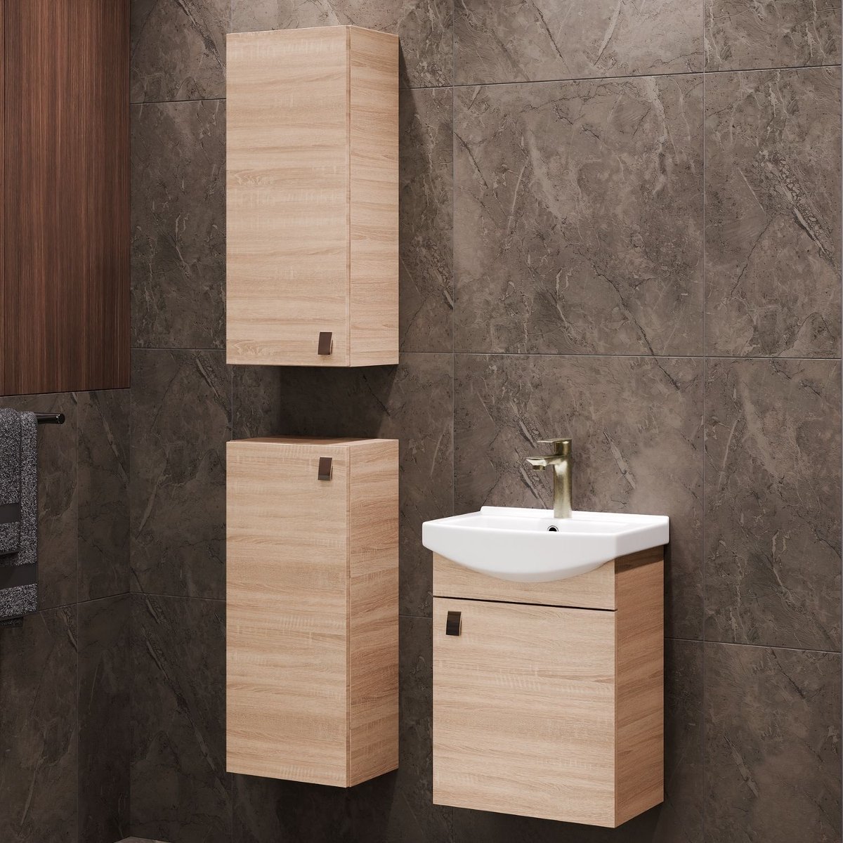 Planetmöbel Badkamermeubel Set 45 cm – Sonoma Eiken – Keramische Wastafel met 2 Midikasten 32 cm – Soft-Close – Ruimtebesparend