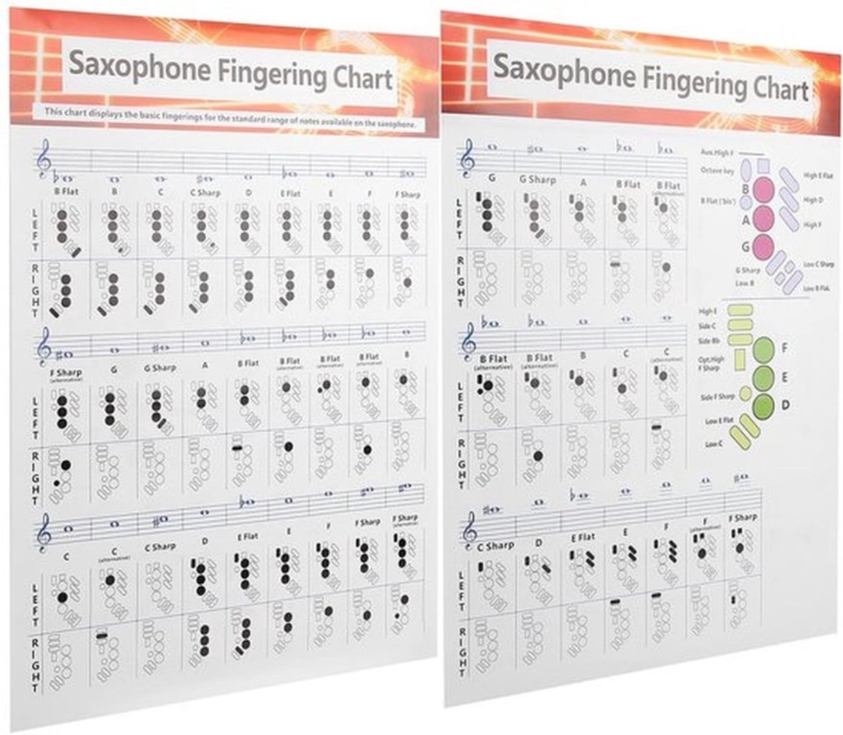 Vingerzettingsgrafiek Basis 8.5X11 - Altsax Vingergrafiek - Oefening voor Beginners - Universele Akkoorddiagrammen - Hoogwaardig Gecoat Papier - Duidelijke Afdrukken - Saxofoon Gids