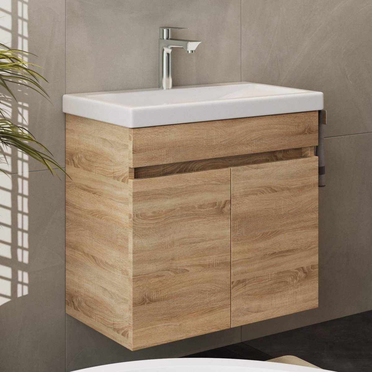 Planetmöbel Badkamermeubel Set 60 cm – Sonoma Eiken – Keramische Wastafel met Dubbele Deur – Soft-Close – Wandhangend
