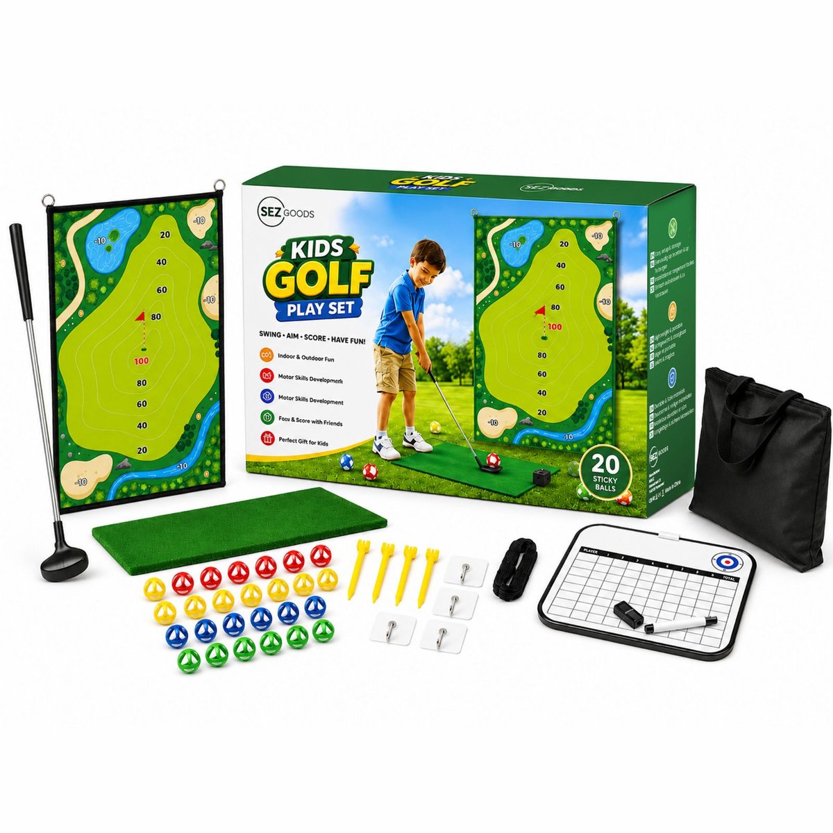 SEZGoods Kids Golf - Complete Golf Speelset voor Kinderen - 100 x 150 cm mat - 20 Klittenballen - Binnen & Buiten