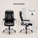 Afmetingen van de zwarte ergonomische bureaustoel: breedte 55 cm, zithoogte 47-56,5 cm, totale hoogte 110,5-120 cm. Maximaal draagvermogen 150 kg.