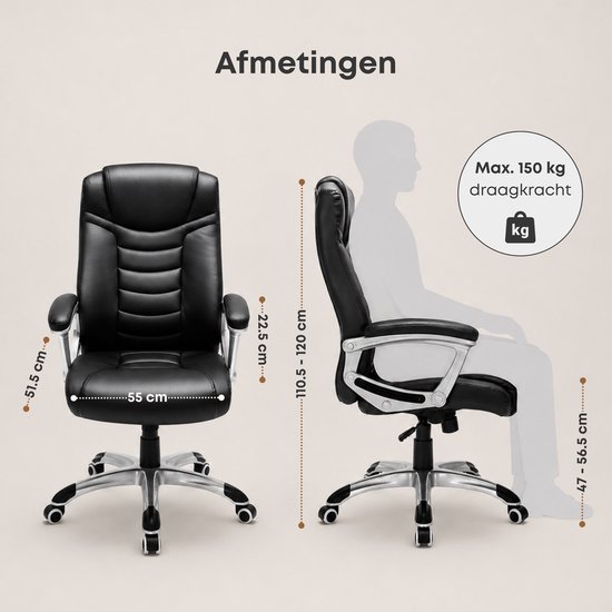 Afmetingen van de zwarte ergonomische bureaustoel: breedte 55 cm, zithoogte 47-56,5 cm, totale hoogte 110,5-120 cm. Maximaal draagvermogen 150 kg.