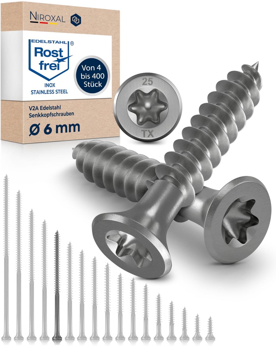 V2A Torx Houtschroeven 6x100mm met Verzinkte Kop, 100 Stuks