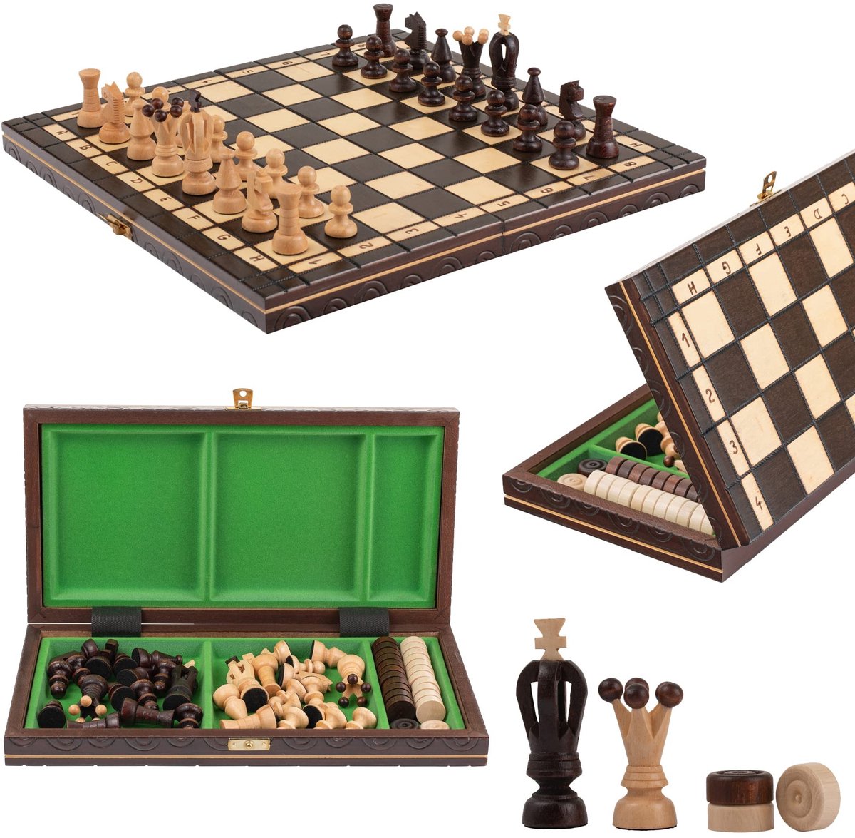 Solidchoice - Handgemaakt Houten Schaakset met Damspel 35 cm
