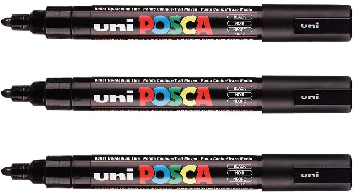 Solidchoice - Set van 3 Zwarte Posca Markers met Conische Punt