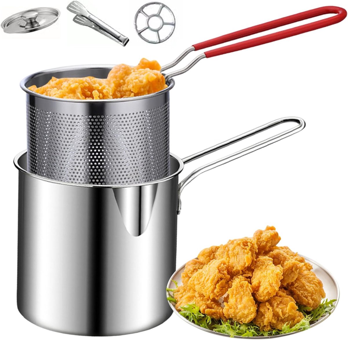 Mini Friteuse van Roestvrij Staal met Frituurmand en Deksel, Kleine Frituurpan met Hittebestendig Handvat voor Friet, Tempura, Vis en Kip
