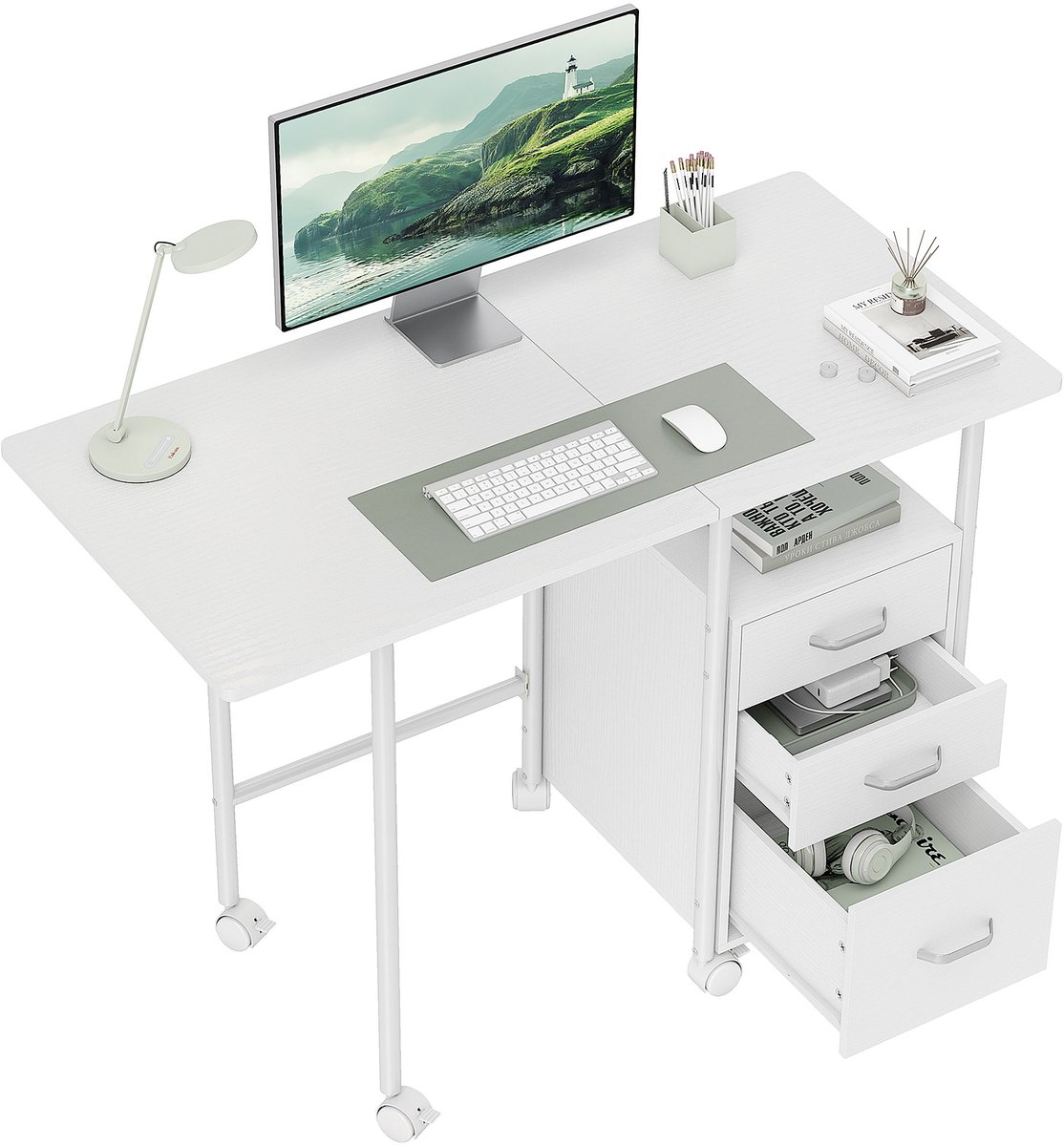 Opvouwbaar computerbureau met 3 lades en wieltjes — Bureau met metalen frame — Ruimtebesparend bureau — 105 x 50 x 75 cm — Wit