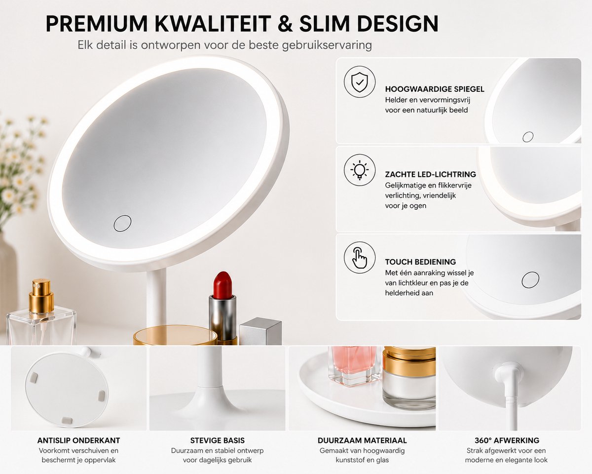 Make Up spiegel met LED Verlichting - Cosmetica - Dimbaar - Dimfunctie - Oplaadbaar - USB - Cadeau - Vakantie - Wit