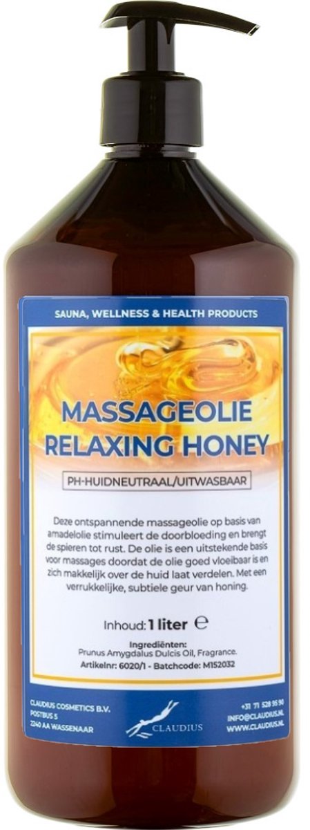 Massageolie Relaxing Honey 1 liter met gratis pomp - 100% natuurlijk - biologisch en koud geperst