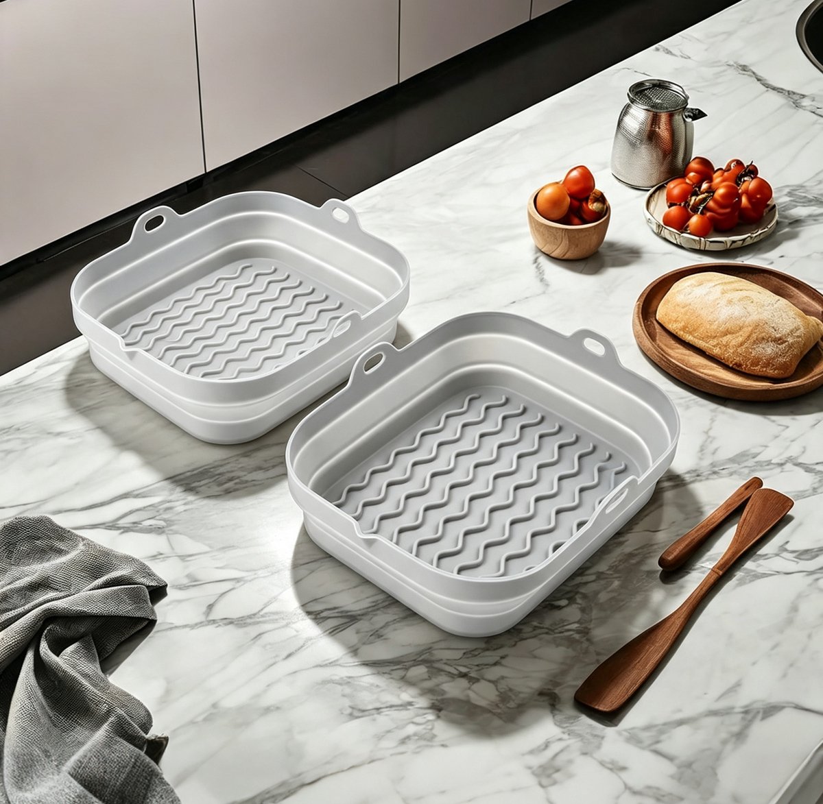 Siliconen Airfryer Bakvorm - 2 Stuks – Herbruikbare Opvouwbare Airfryer Bakjes - Siliconen Airfryer Accessoire - 20,3 × 21 × 5 cm - Inklapbaar tot 1,7 cm - Vaatwasserbestendig – Grijs