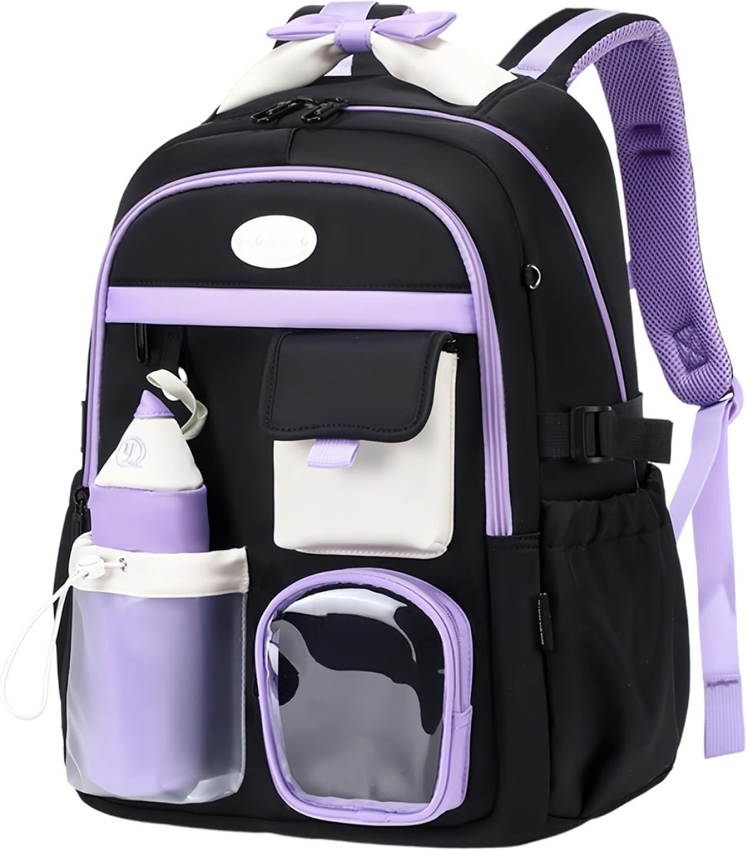 KZQ 23L schoolrugzak voor meisjes met etui - Ergonomisch met verstelbare borstriem - Gepadderd laptopvak tot 15.6 inch - Geschikt voor dagelijks gebruik - Zwartpaars