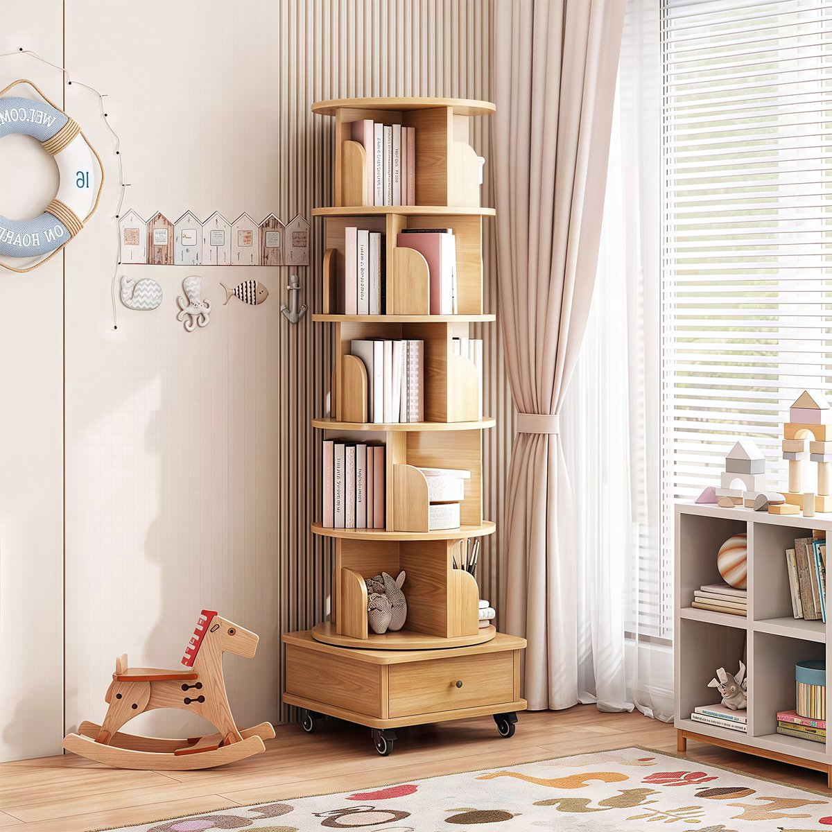 MIVRAY Boekenkast – 360° Draaibaar Met Wielen En Lade – 46 X 46 X 173 Cm – MDF – Houtkleur – Open Opbergrek Voor Woonkamer En Kantoor