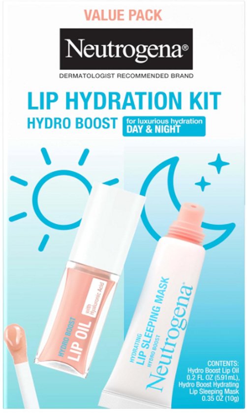 Trousse d'Hydratation pour Lèvres Neutrogena Value Pack avec Huile pour Lèvres Hydro Boost et Masque de Nuit pour Lèvres Hydro Boost. Symboles soleil et lune jour et nuit.