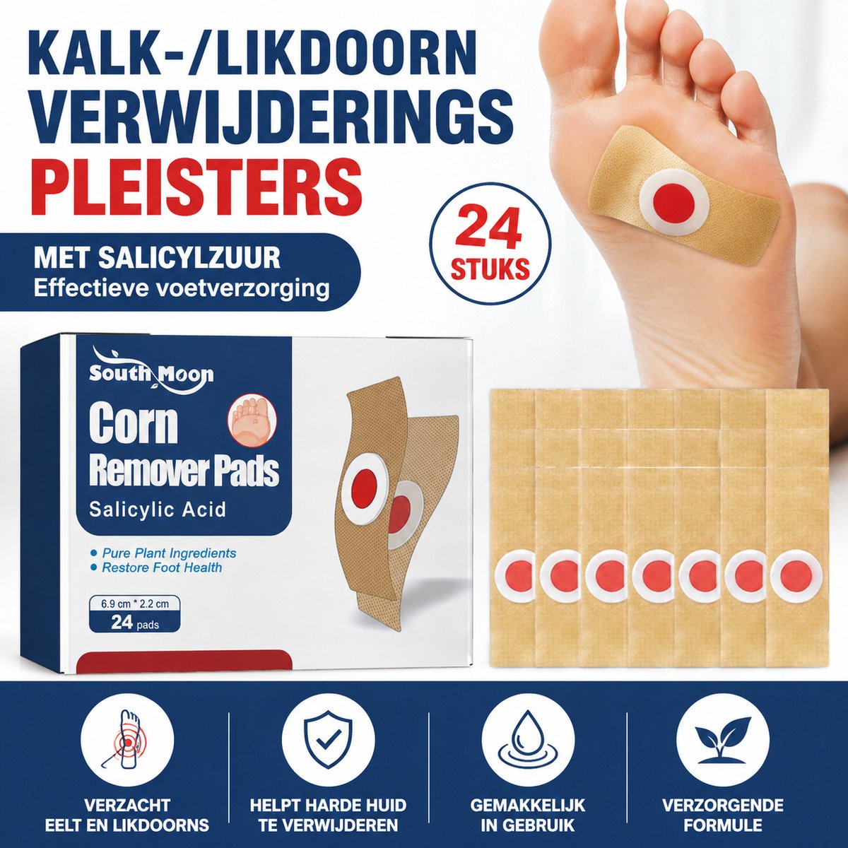 South Moon Likdoorn Verwijderpleisters 24 stuks met Salicylzuur, Voetverzorging voor Likdoorns, Eelt en Huidverharding, Verzorgende Pleisters voor Voeten en Tenen, Comfortabele Zelfklevende Voetpleisters voor Dagelijks Gebruik