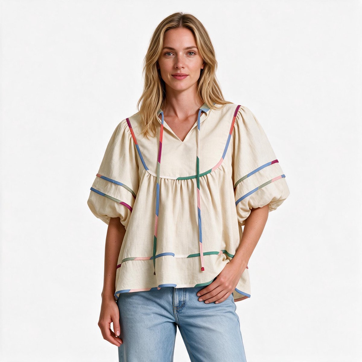 Imily Bela Dames Gestreepte Boho Blouse met Volantmouwen en Koordjes