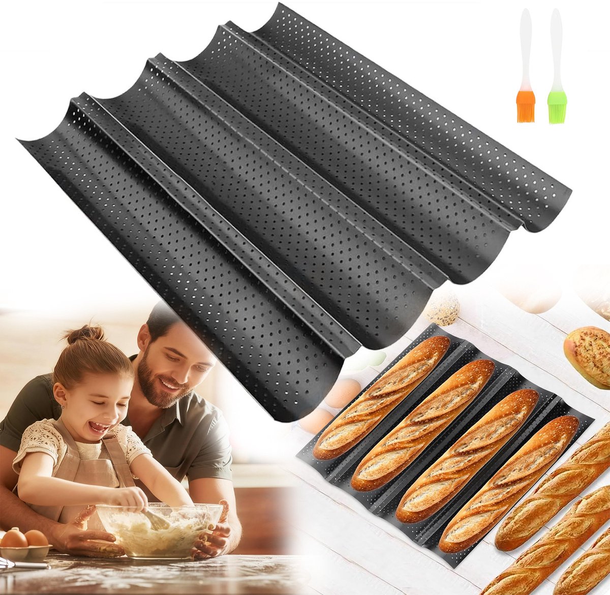 Bakplaat Voor Baguettes, 4 Baguette Bakvormen Met Antiaanbaklaag, Thuis Bakken, Makkelijk Schoon Te Maken.