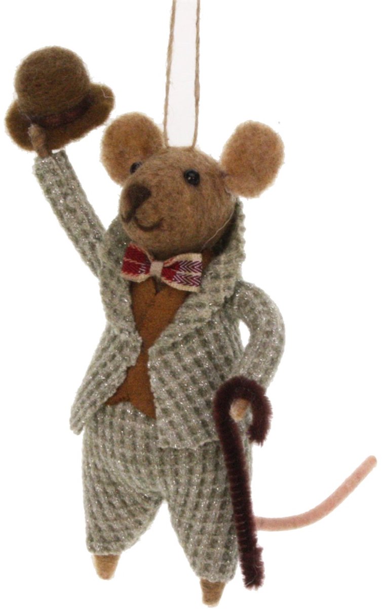 Muis bruin in groen pak/hoed/wandelstok vilt 10x8x16cm