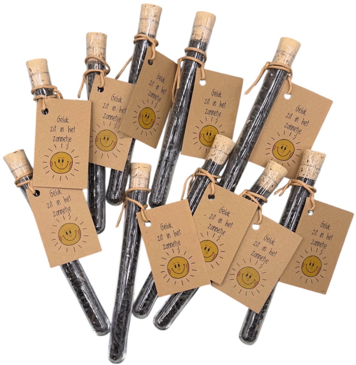 10 stuks, Geluk zit in het zonnetje,biologische zonnebloemen,reageerbuisje,kleine kadootjes,tuin kadootje,vrolijk,zonnig,bloemenzaden, relatiegeschenk,kleine attentie,uitdeelkadootje,