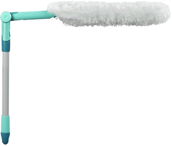 Plumeau blanc et duveteux avec un manche turquoise horizontal et une rallonge.