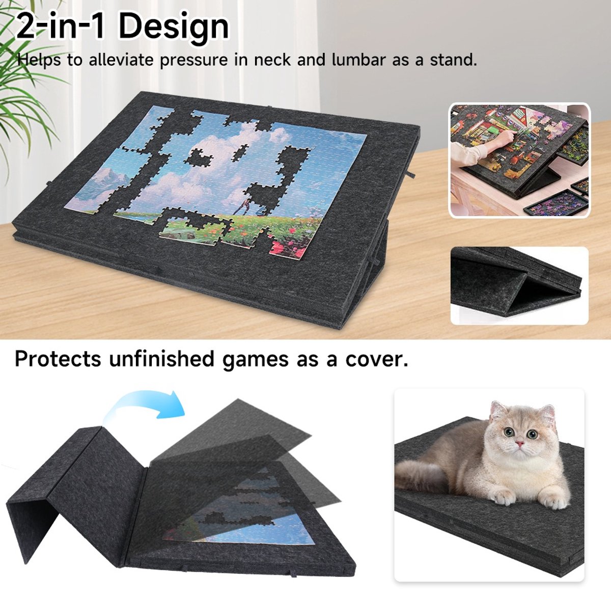 Opvouwbare Puzzelbord voor 1000 Stukjes, Antislip Vilt Puzzelmat, Verstelbaar Kantelontwerp, Dik Puzzelbord met Standaard, Draagbaar