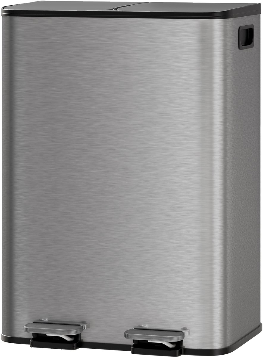 Pedaalemmer Groot RVS 60L (2x30L) - 47.6x37.6x67cm - Prullenbak - Afvalbak Dubbel Compartiment - Soft Close Deksel - Uitneembare Binnenemmers - Voor Keuken Woonkamer - Grijs