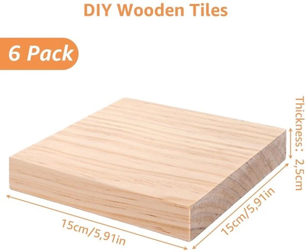 Houtsnijblok Set van 6 - Houten Snijblokken - Grenenhout - 15 x 15 x 2,5 cm - Duurzaam - Onbehandeld - Snijplank