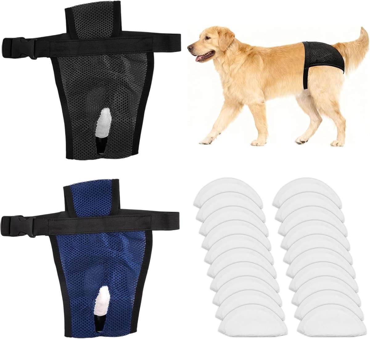 2 Pack Hondenondergoed met 20 Hygiënische Pads, Herbruikbare Hondenbroek, Wasbare Puppy Luiers, Aanpasbare Menstruatiebroek voor Honden, Zwart en Blauw (XL 50cm-59cm) - Hondenbroek, Hondenluiers, Hondenhygiëne