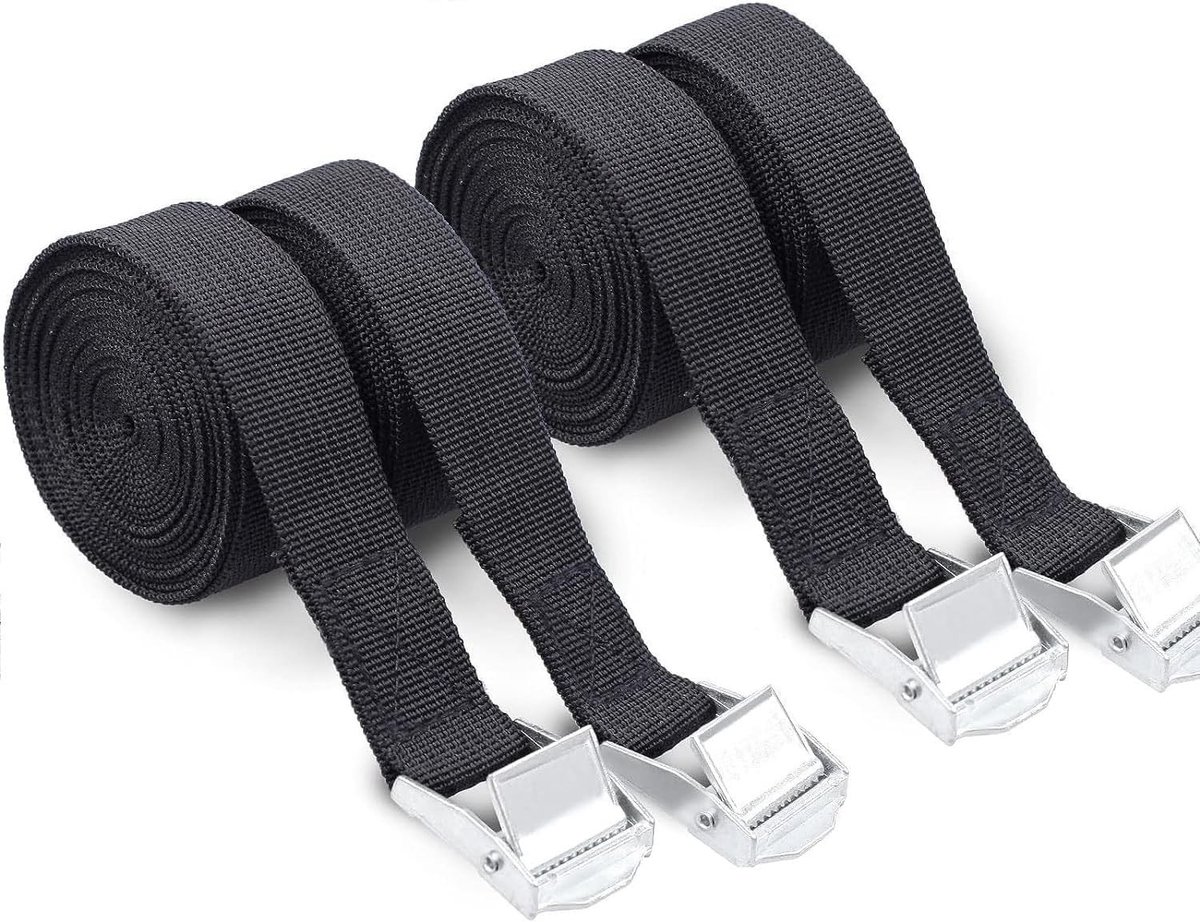 Set van 4 spanbanden 25 mm x 2,5 m met klemvergrendeling | Sterke nylon spanbanden voor vrachtwagen, motor en fietsvervoer, Zwart (Maximale belasting 250 kg)