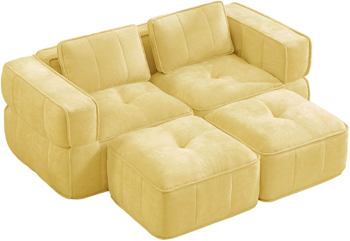 HAUSS SPOLE Zitbank - Modulaire 2 Zits Bank Met 2 Hockers - Zacht Comfort Met Diepe Zitting - Voor Woonkamer En Appartement - Polyester Geel