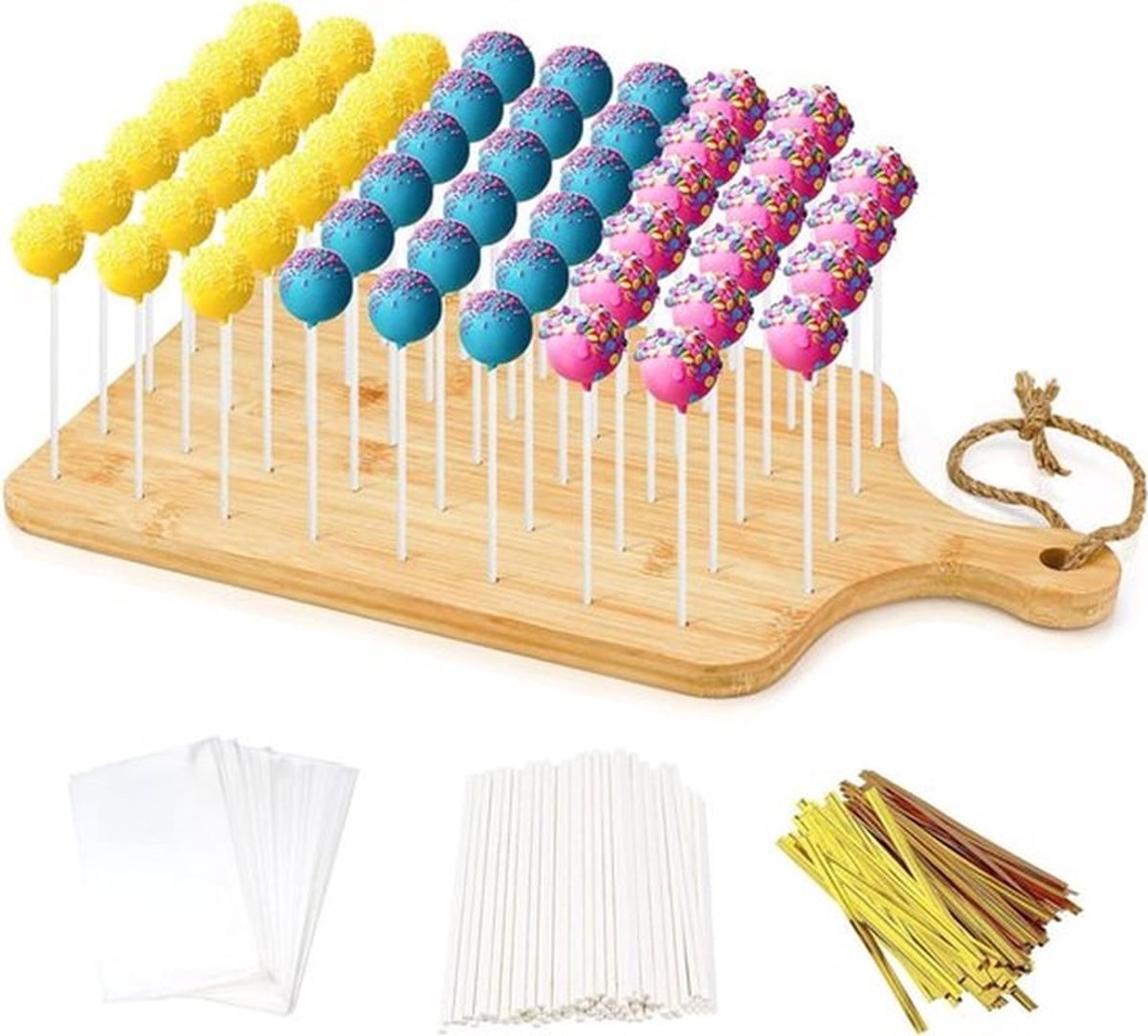 Bamboe Cake Pop Stand met 52 Gaten, Inclusief 100 Cake Pop Sticks en Wikkels, Ideaal voor Verjaardagen, Feestdagen en Bruiloften, Perfect voor Droog- en Presentatie doeleinden