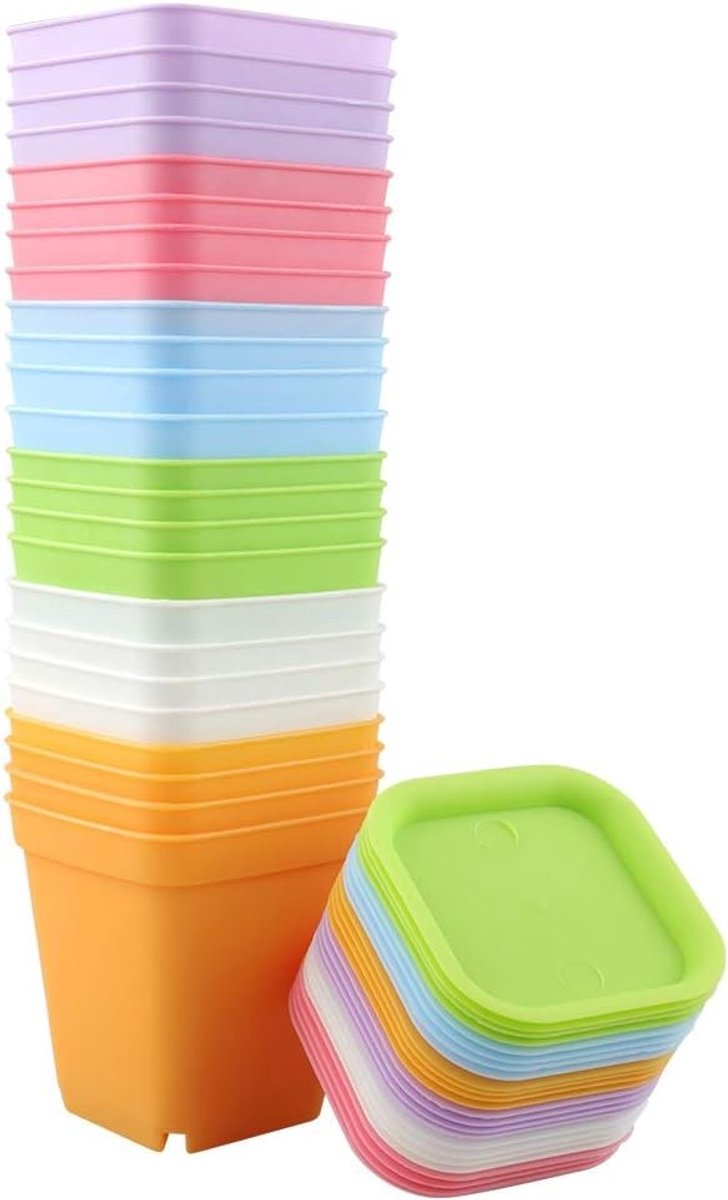 24 Stuks Vierkante Plastic Plant Potjes met Schalen, 7 cm - Ideaal voor Zaailingen, Groenten en Vetplanten