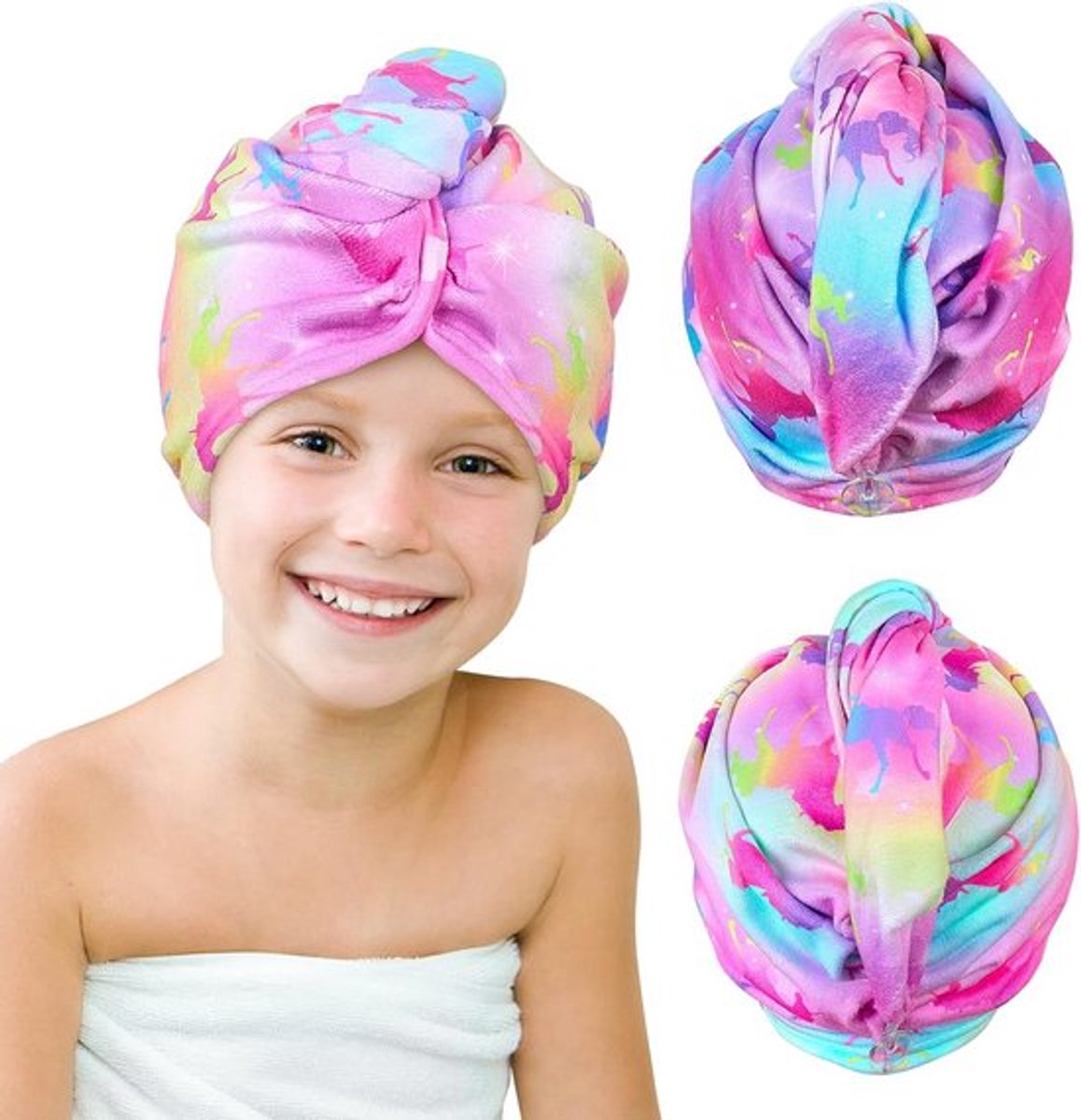 Microvezel Haarhanddoek voor Kinderen en Dames – 2 Stuks Sneldrogende Haar Turban met Knoop, Absorberende Handdoek Wrap voor Nat Haar