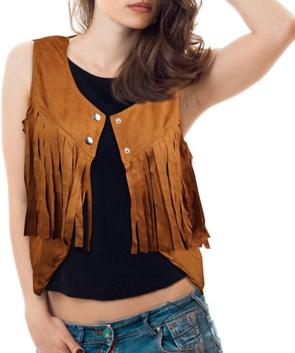 Zachte Cropped Fringe Jas voor Dames, Mouwloos Hippie Vest met Bruine Kwastjes en 70s Stijl, Perfect voor Festivals en Retro Kostuums