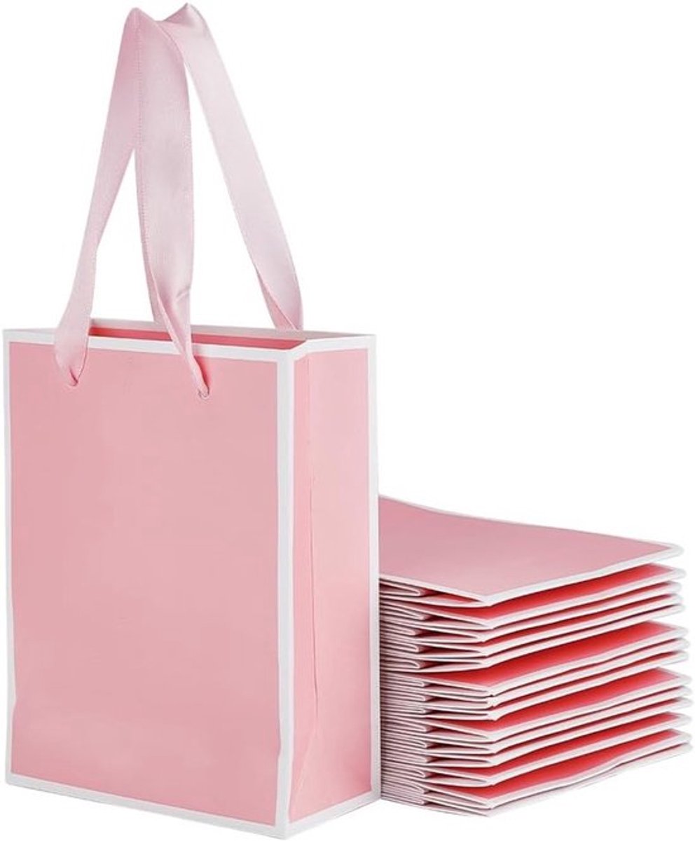 24 Stuks Kraft Papieren Tassen met Handvat, Roze 16x12x5.8cm, Rechthoekige Cadeautassen voor Feestjes, Verjaardagen en Winkelen